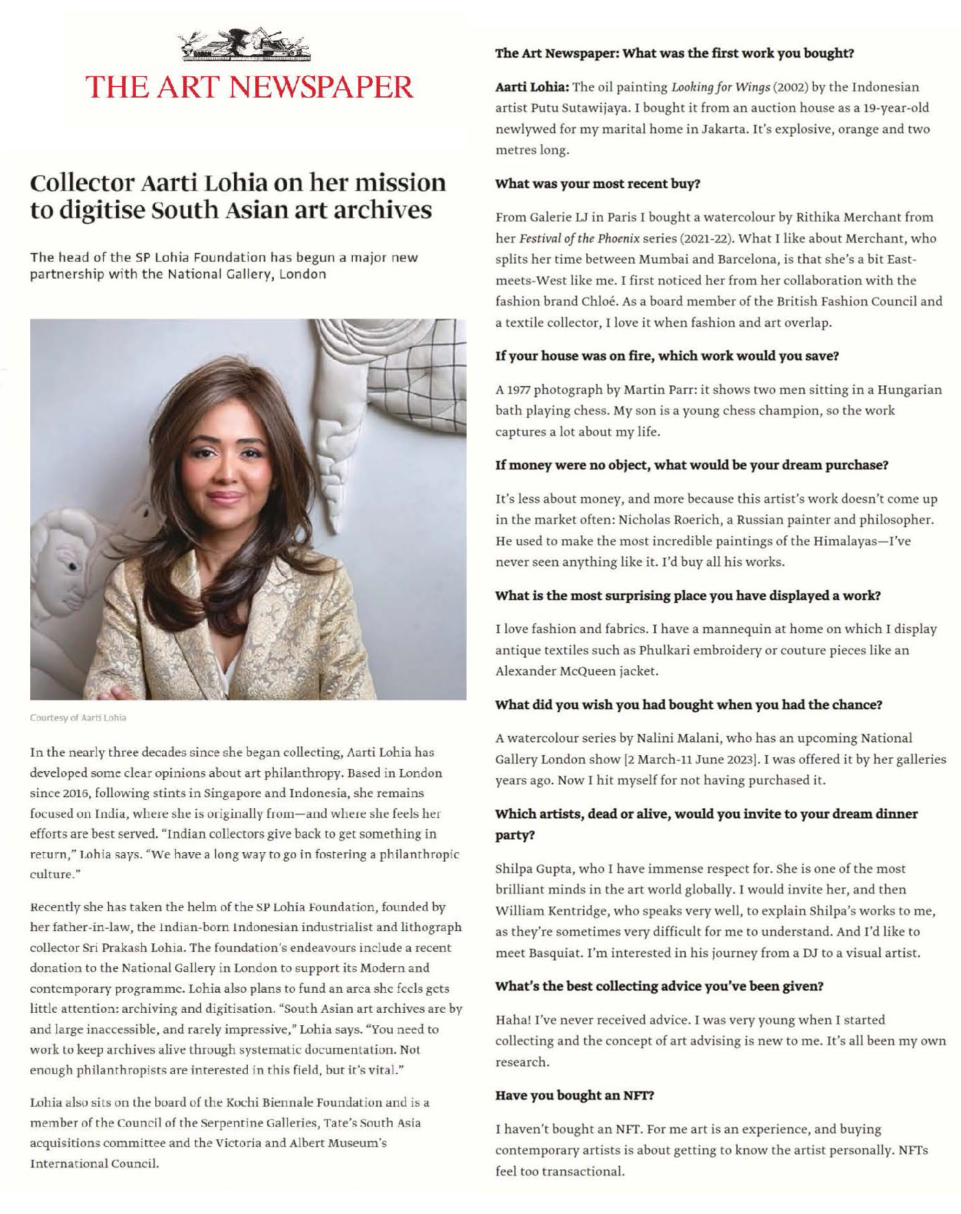 Aarti Lohia, SPLF Trustee on the Arts Newspaper SP Lohia Foundation